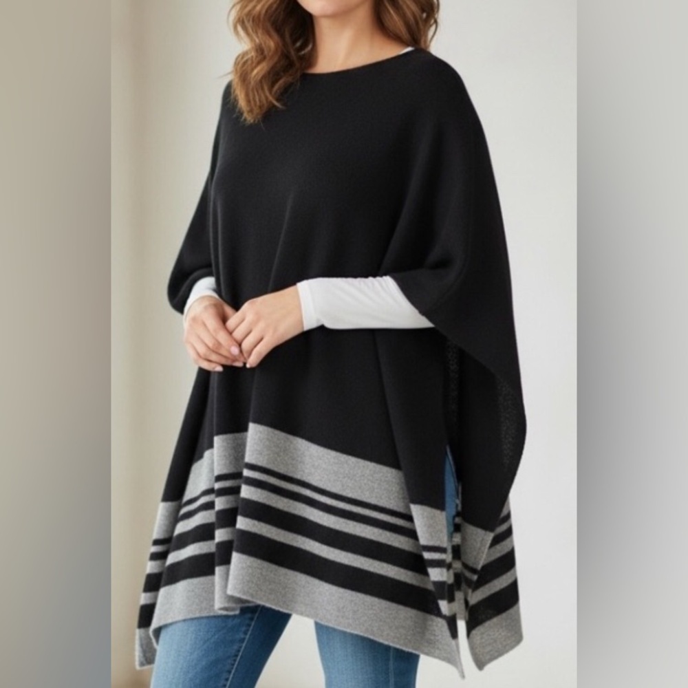 Halogen 100% Cashmere Black & Gray Striped Sweater Poncho One Size